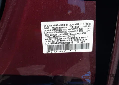 2009 Honda Pilot Touring z USA, uszkodzony, nr VIN 5FNYF48939B005946